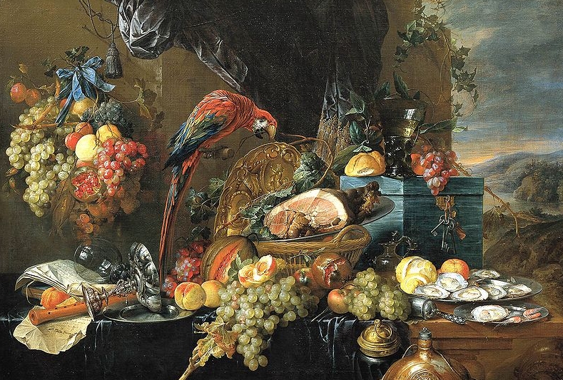 A Richly Laid Table with Parrots